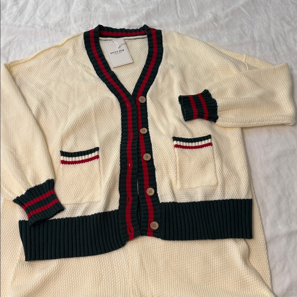 Cream Knit Cardigan with Black & Red Trim - Women's Sweater